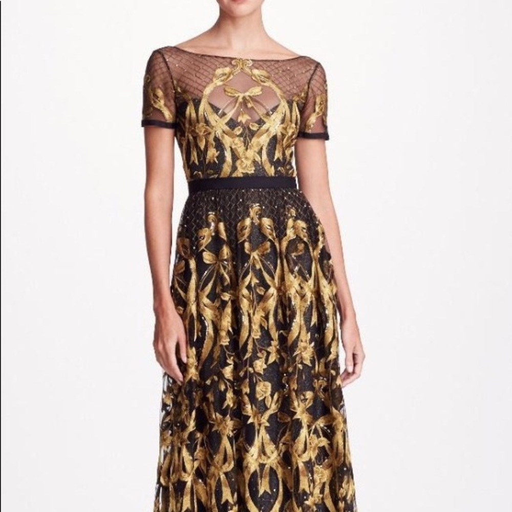 NWT Marchesa Notte Black and Gold Tulle Gown